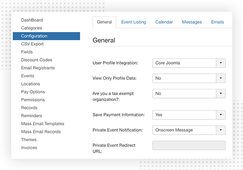 Joomla events booking extension panel